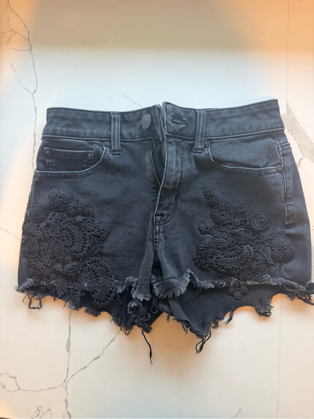 American Eagle Outfitters Black Denim Shorts with Lace Appliqué